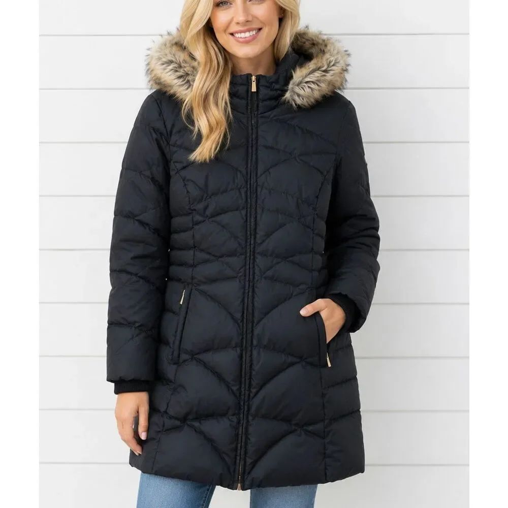 Jones New York black down fill puffer jacket with faux fur Hood M